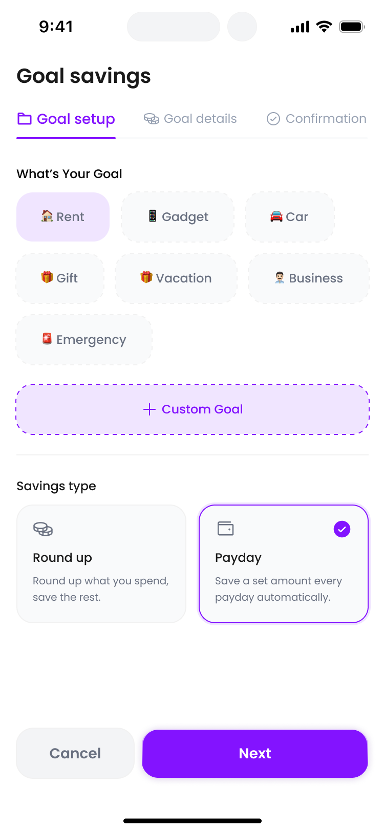 Fundi goals screen showing savings targets