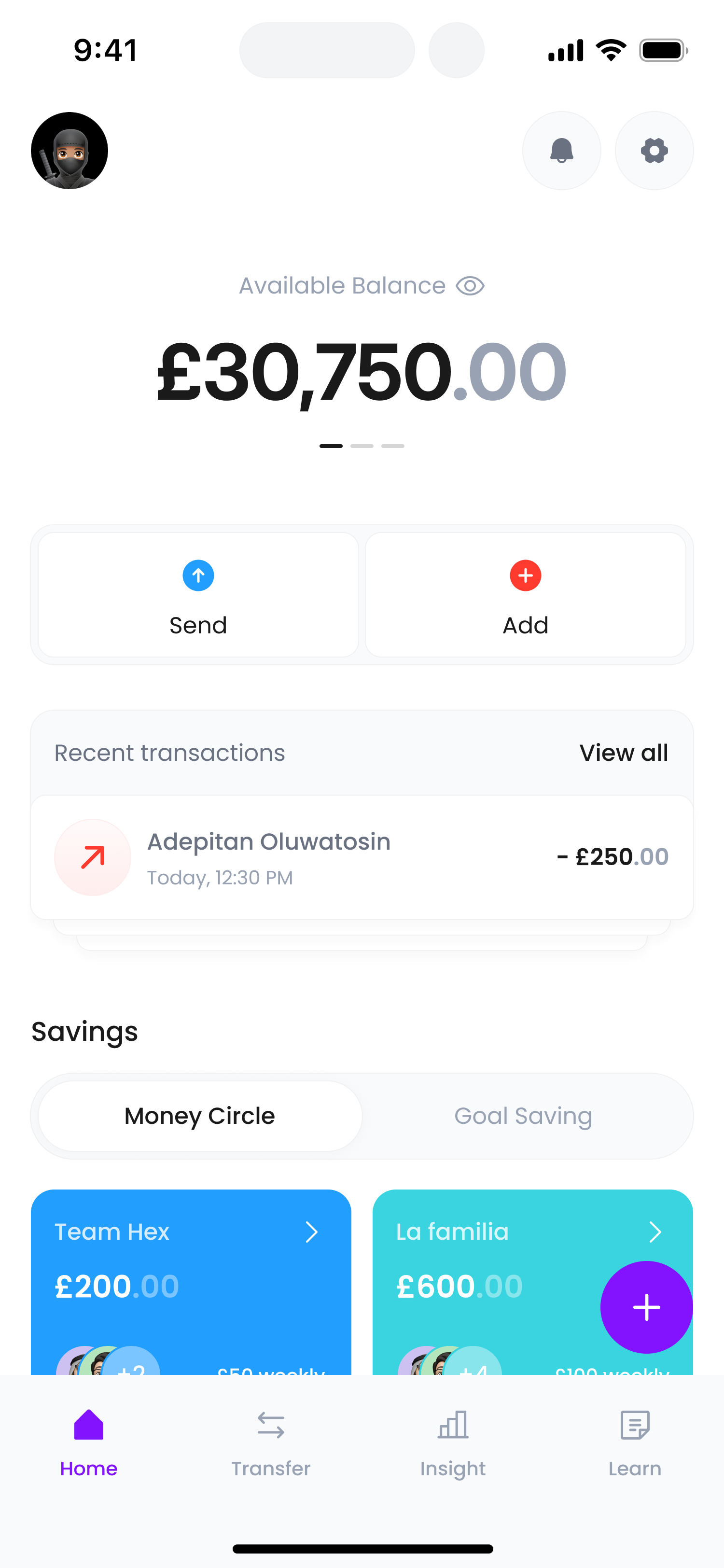 Fundi home screen showing balance and savings goals